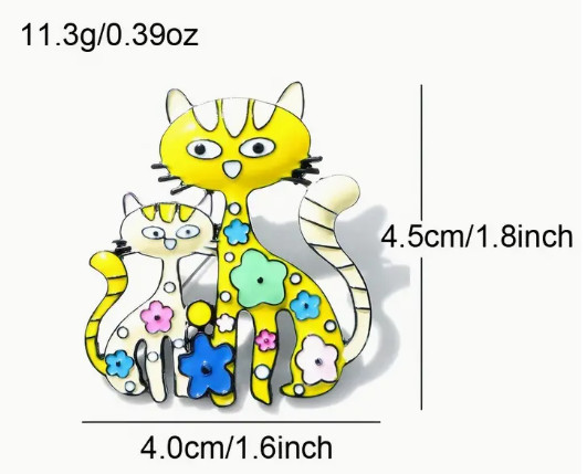 BROOCH- Retro Cat Enamel, Vibrant Colorful Zinc Alloy Brooch with Cats, Flowers