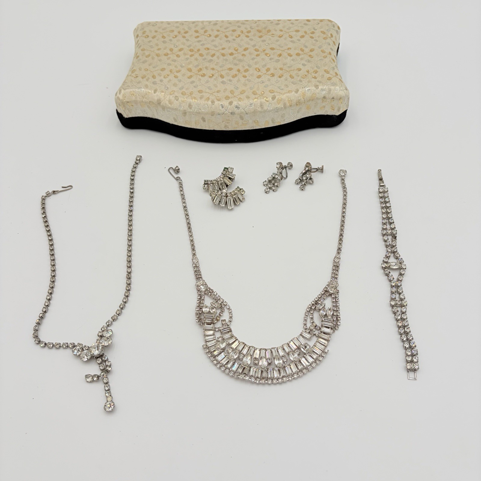 VINTAGE RHINESTONE Jewelry Lot Necklace Bracelet Earrings TAYLOR MAID Case