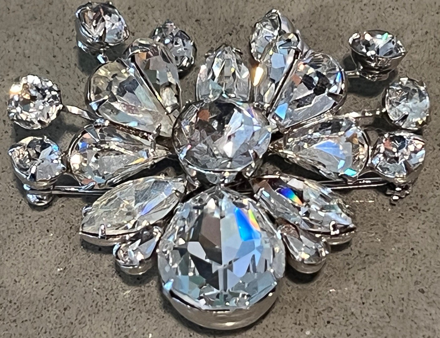 Vintage Eisenberg Clear Rhinestone Spray Brooch Signed Rhodium Crystal 1940 Used