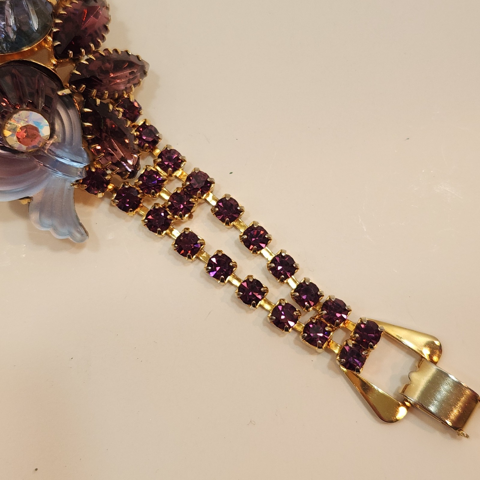Vintage Edlee Amethyst Purple Molded Glass/Rhinestone Bracelet & Earring Set