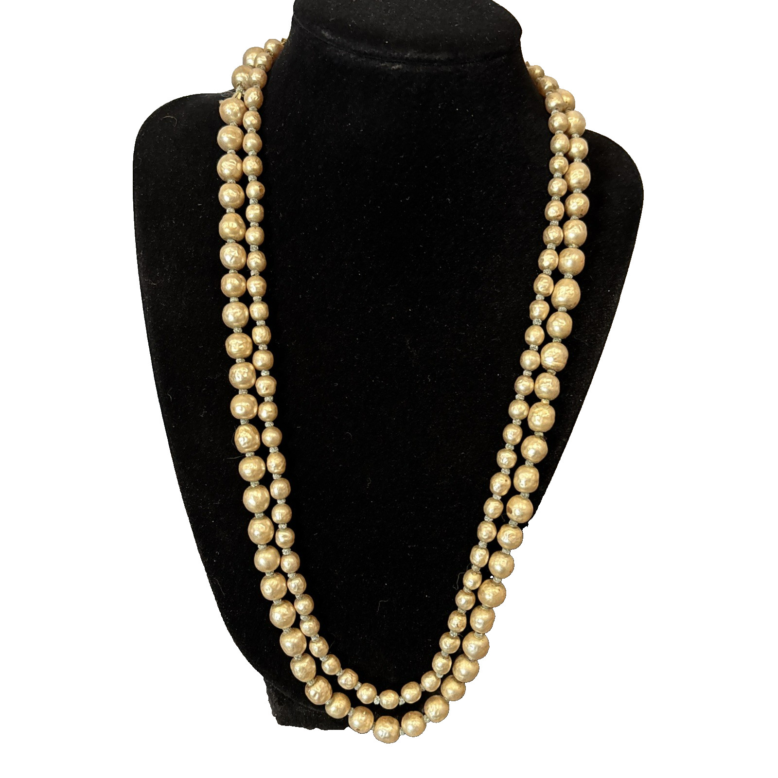 Double Strand Miriam Haskell Baroque Simulated Pearl Necklace Gold Tone Closure