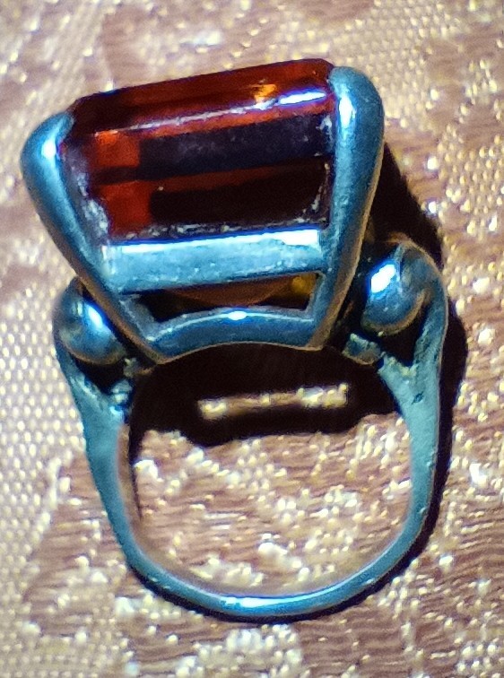VTG Sterling Silver W/Orange Glass Setting Art Deco Style Cocktail Ring Sz 6 1/2