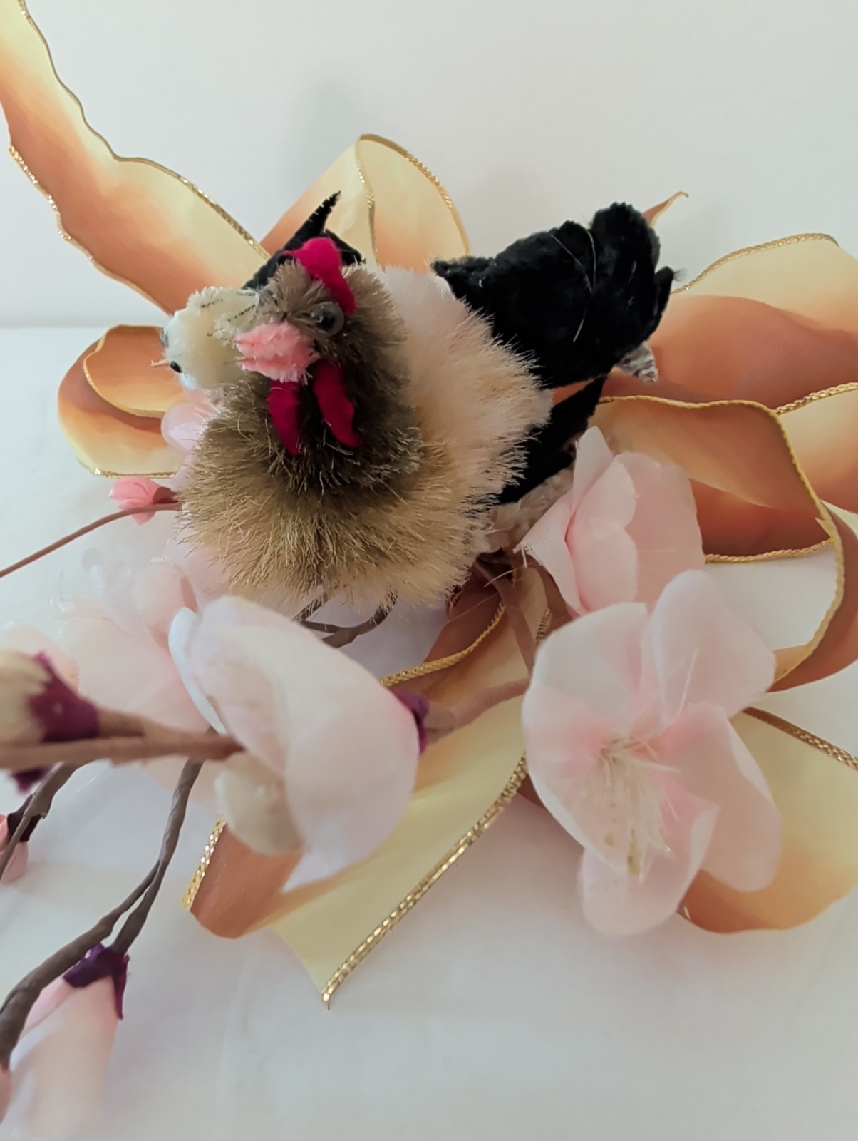 Vtg Easter Corsage Brooch Pin Chicken Hen & Chick Cherry Blossom Chenille Kitsch