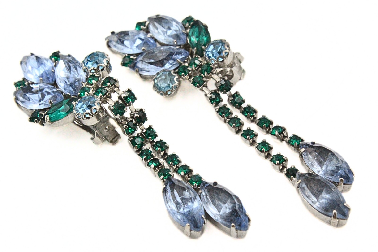 Holiday Light Blue Green Fancy Rhinestones Crystal Dangle Drop Long Earrings
