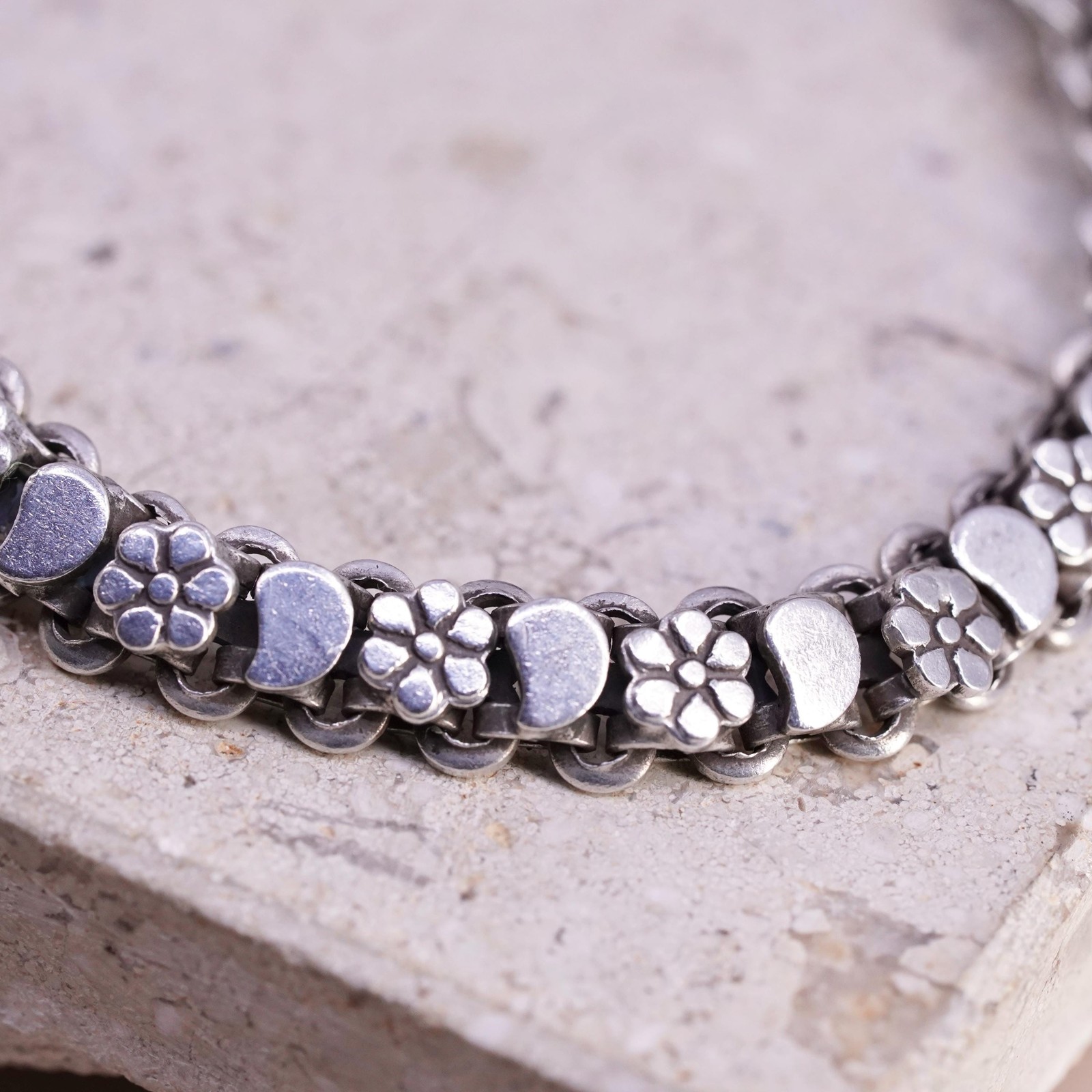 7.25″, vintage Sterling silver handmade tennis bracelet, 925 flower links