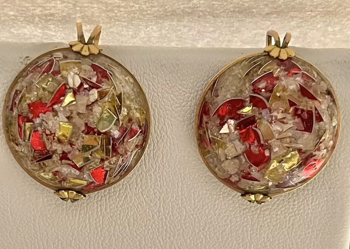 Vintage Mid Century Hillcraft Red, Gold & White Confetti Lucite Clip Earrings