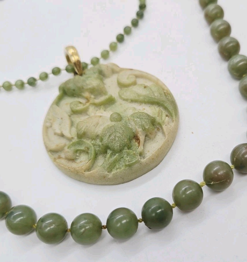 Chinese Jade Green Hand Carved Pendant Statement Necklace Layered two Row 25 in