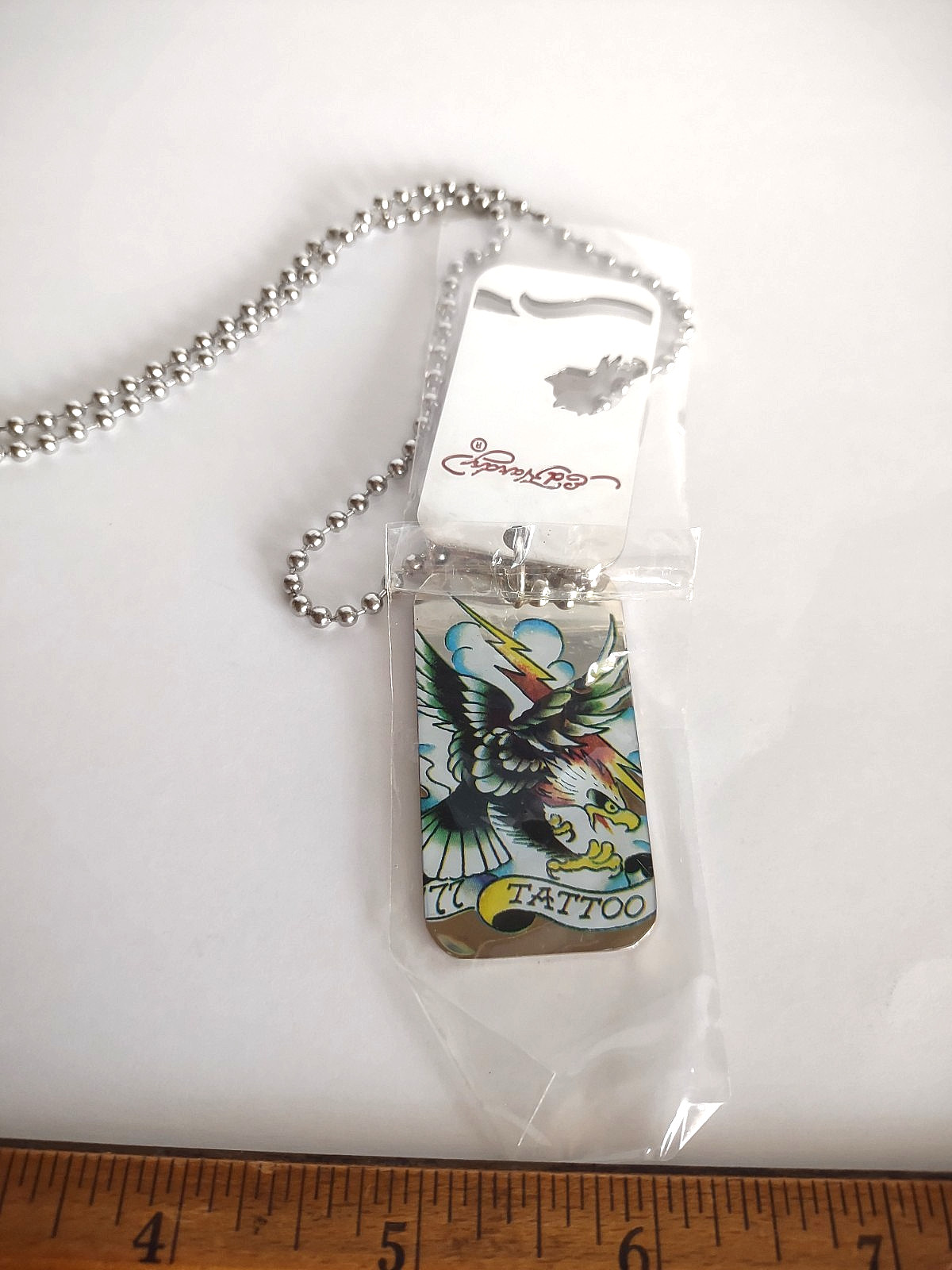Signed Ed Hardy Rhinestone Eagle Y2K Dog Tag Chain Necklace *23″