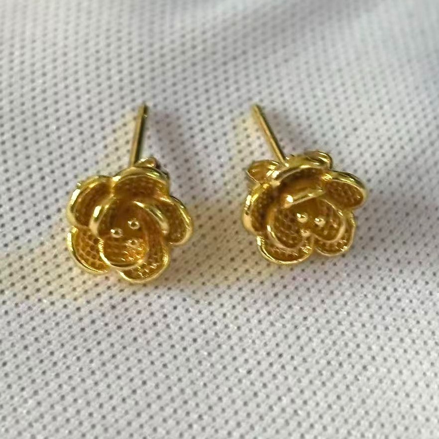 Rose Flower Gold-plated (NOT SURE) Gold Tone Stud Earrings marked ‘999’