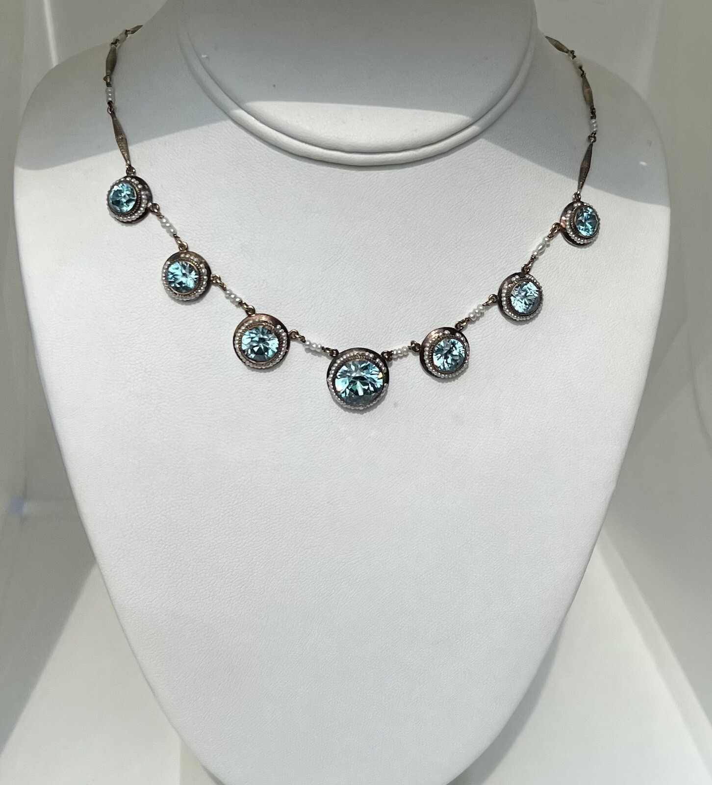 Antique Victorian 14k Gold Round Vivid Blue Zircons with Seed Pearls Necklace