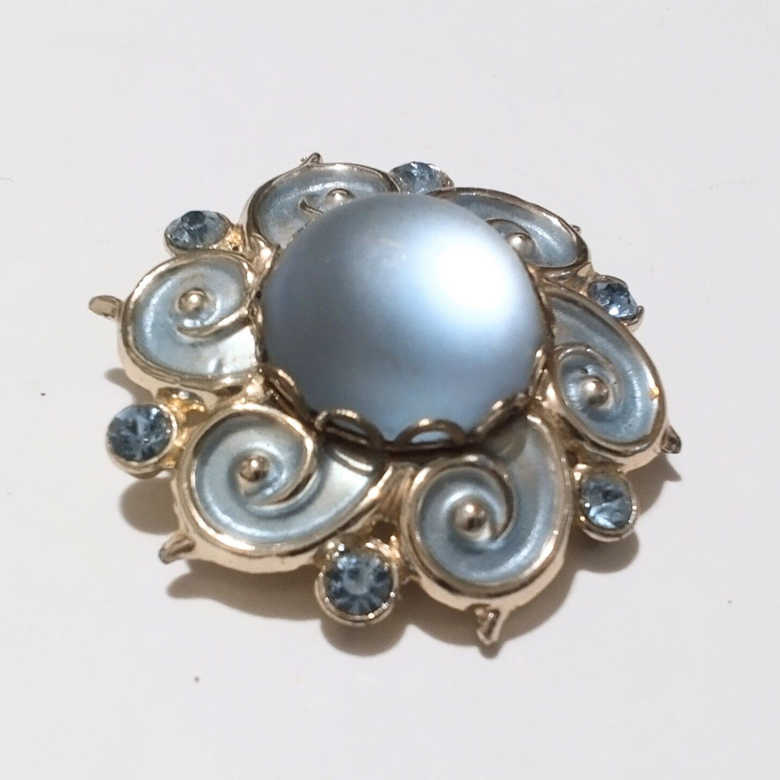 Vintage Blue Enamel Cabochon Rhinestone Gold Tone Brooch Pin
