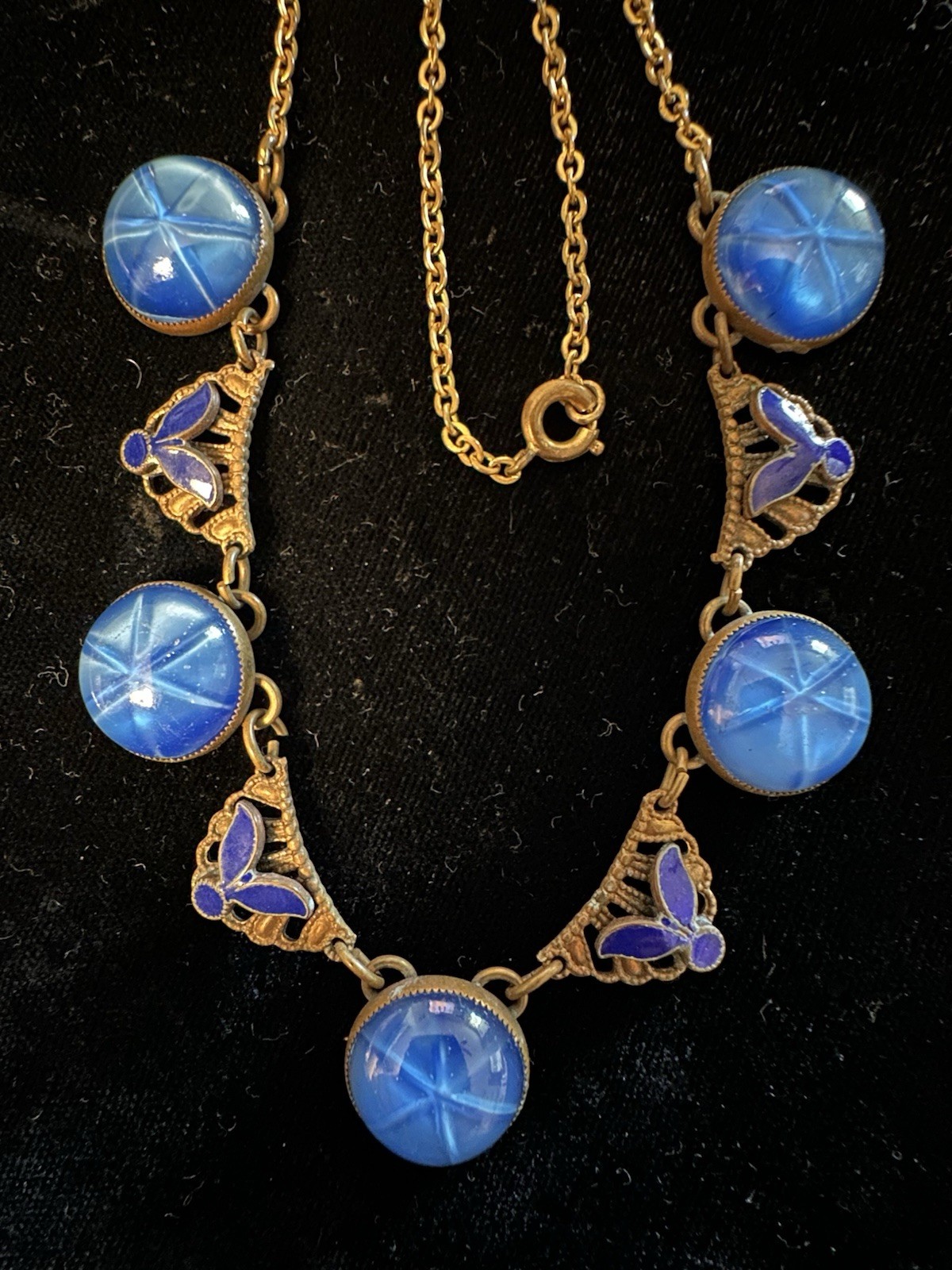 1930’s Vintage Art Deco Czech Blue Star Sapphire Glass Enamel & Brass Necklace