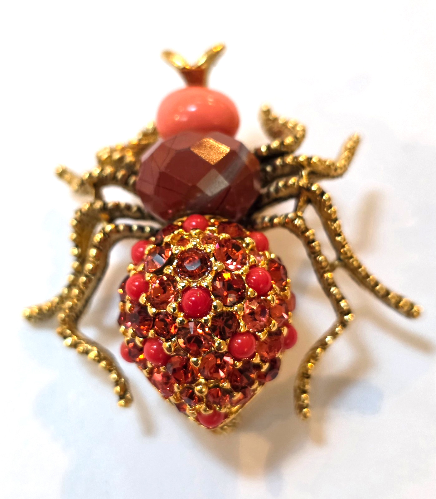 JOAN RIVERS CRITTER COLLECTION ORANGE CORAL CRYSTAL SPIDER PIN BROOCH