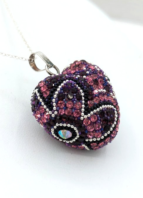 Vintage Heart Pendant Sterling Silver Necklace Pink Purple Crystal Beaded 20 In