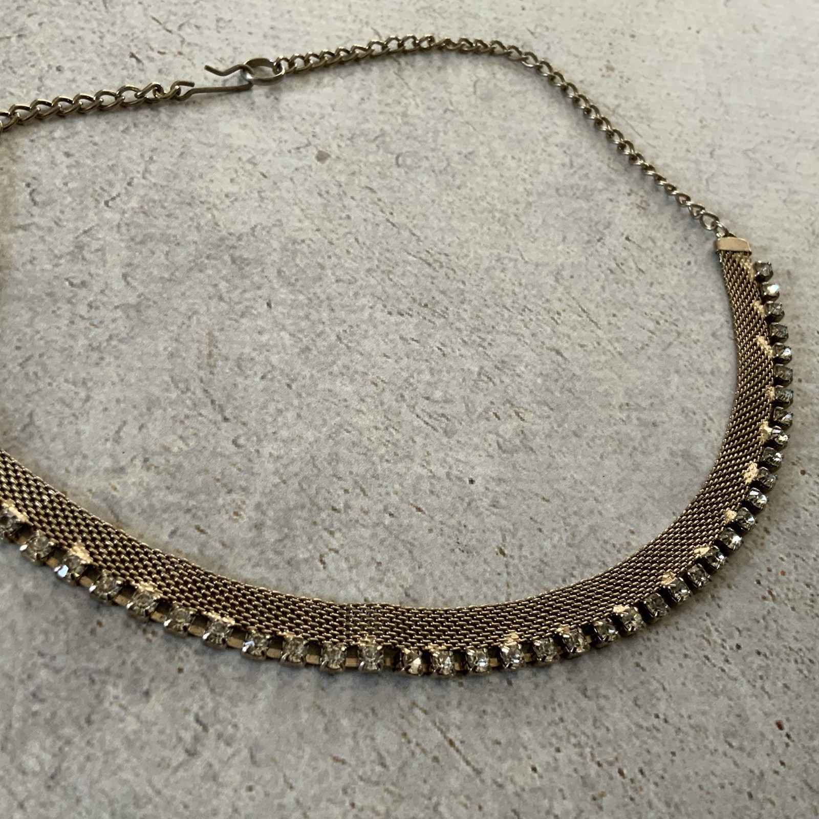 Vintage Rhinestone Mesh Choker Necklace Gold Tone Minimal Sparkle 50s