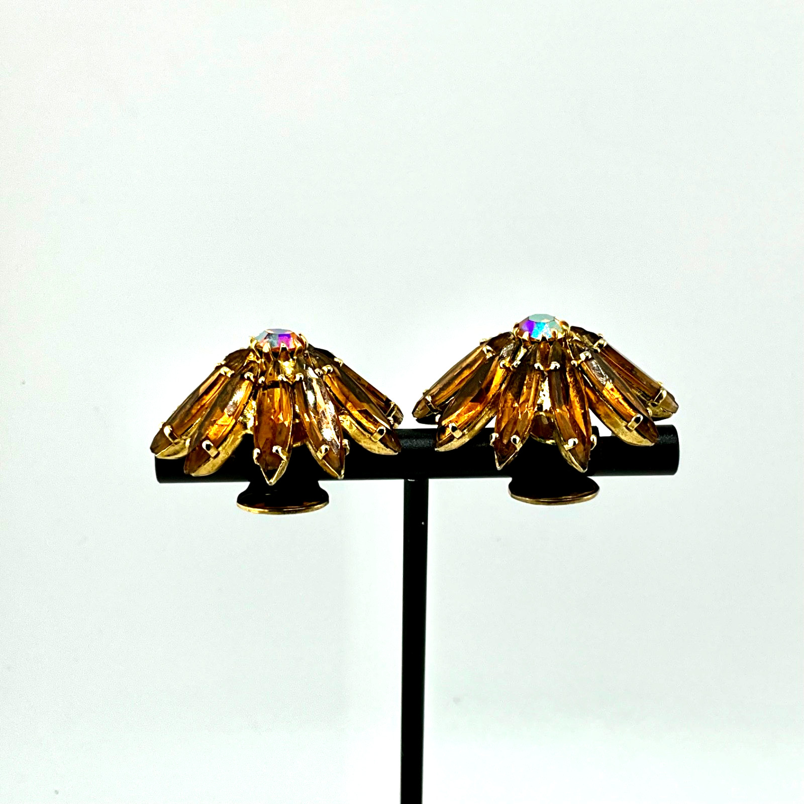 Vintage Mid Century Juliana Clip-On Earrings Navette Domed Amber AB Crystal