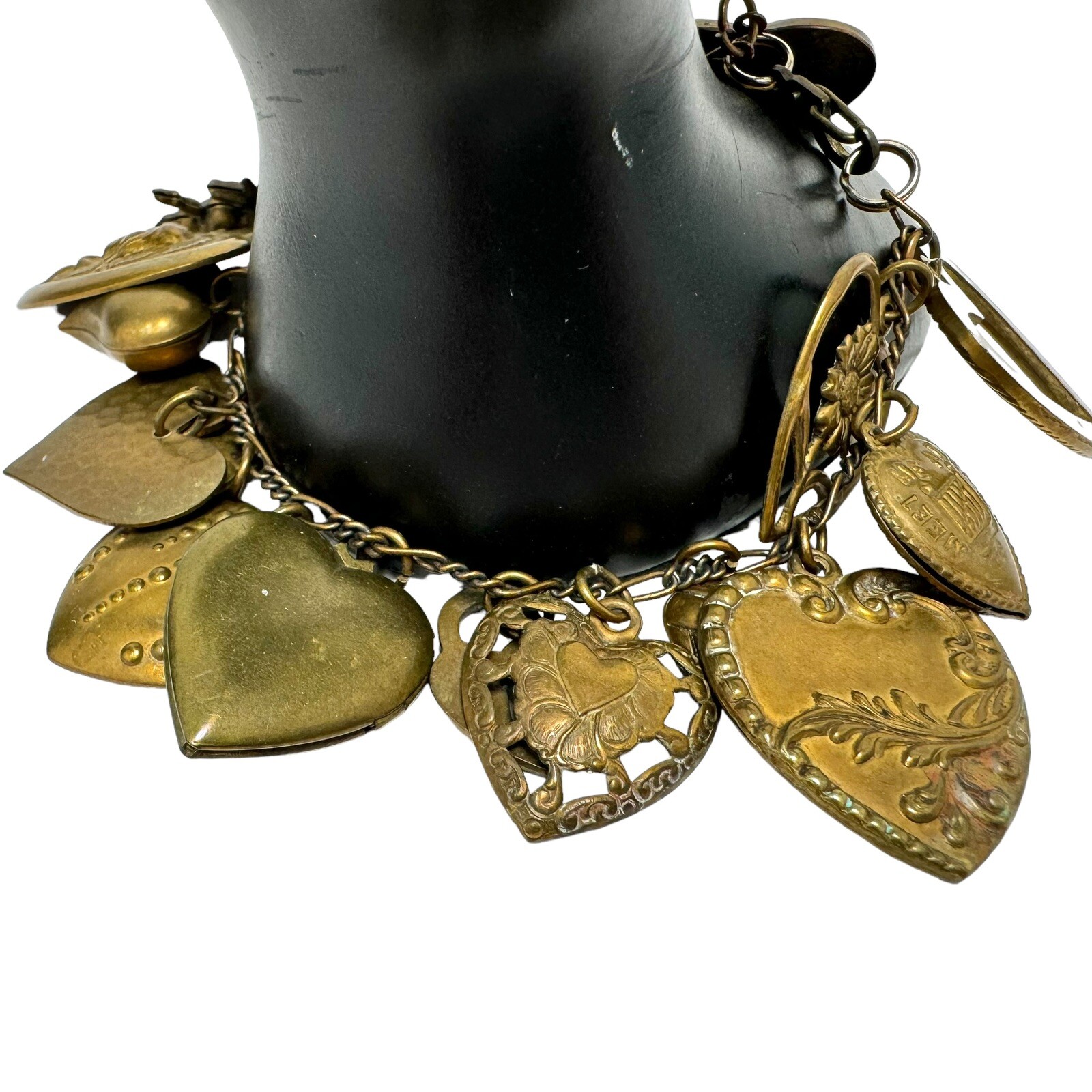 Victorian Style Bronze Color Embossed Fancy Hearts Cherub Charm Bracelet