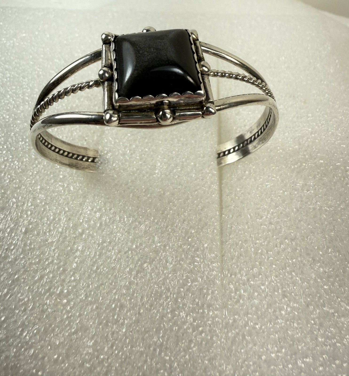 Vintage Sterling Silver Dark Grey Stone Cuff Bracelet