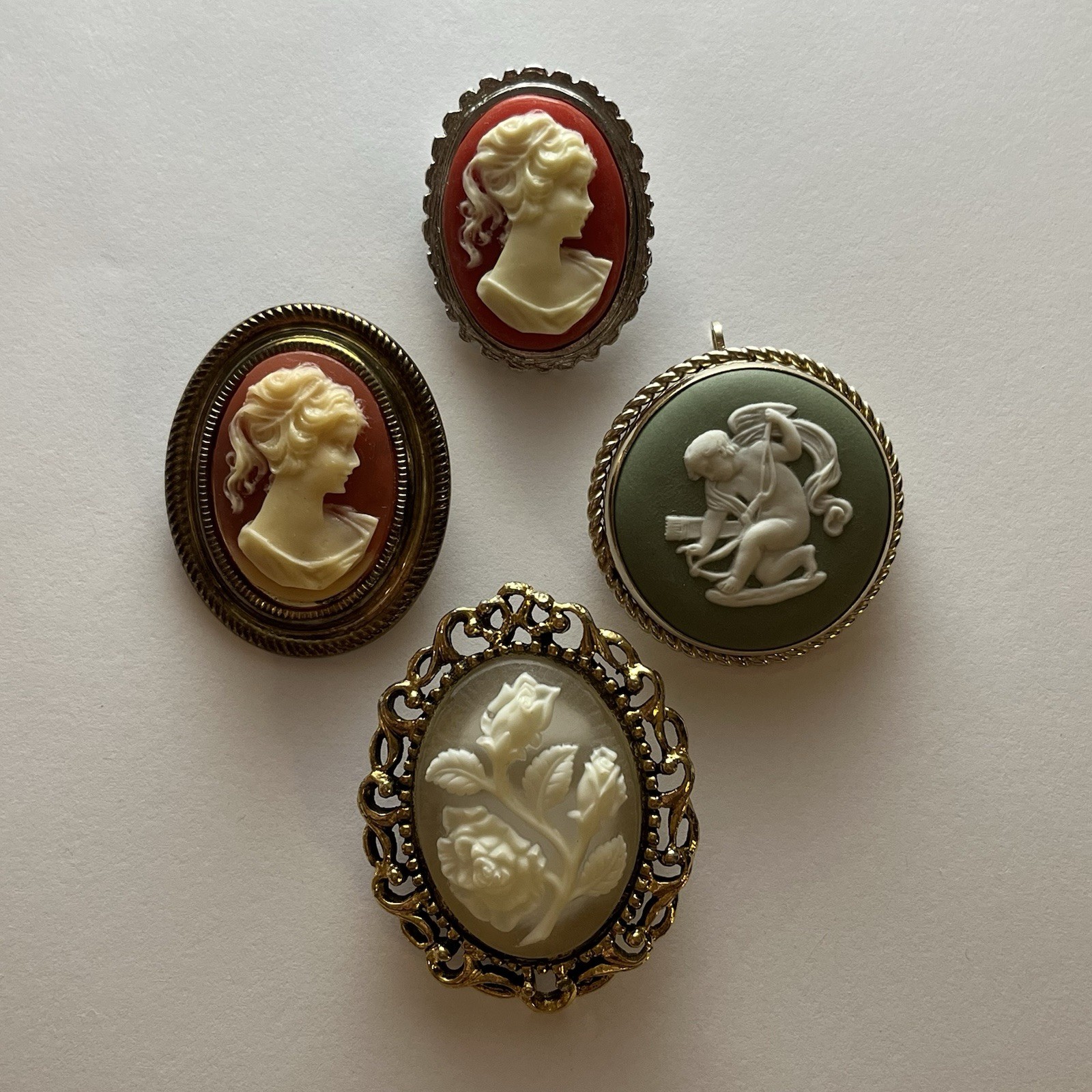 Vintage Lot Of 4 Cameo Brooches 1 Green Wedgewood 1 Hong Kong 2 Unsigned