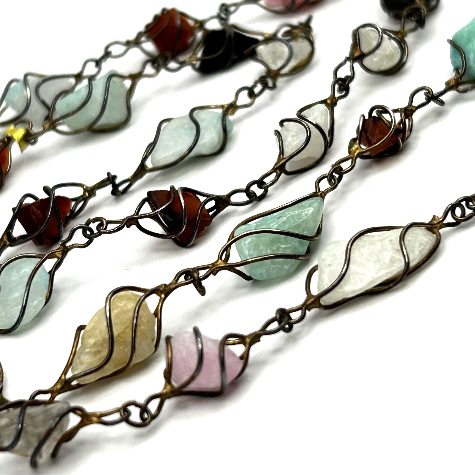 Vintage Gemstone Wire Wrapped 30” Necklace Garnet Jadeite Quartz Artisan Boho