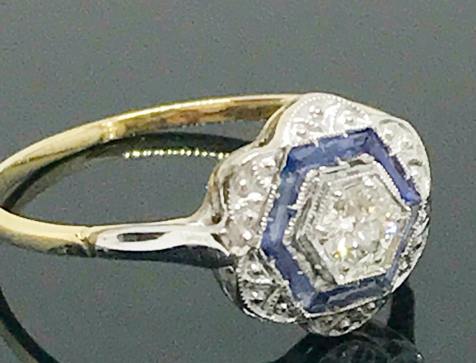 Art Deco Style Lab Created Diamond & Sapphire Anniversary 14K Gold Finish Ring