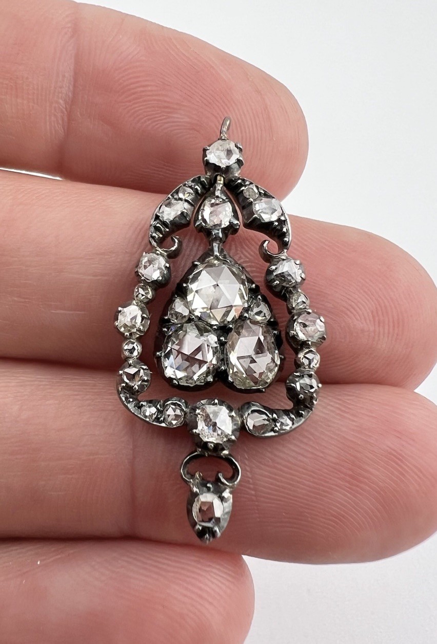 Antique Georgian Gold & Silver Rose Cut Diamond Cluster Dangle Pendant