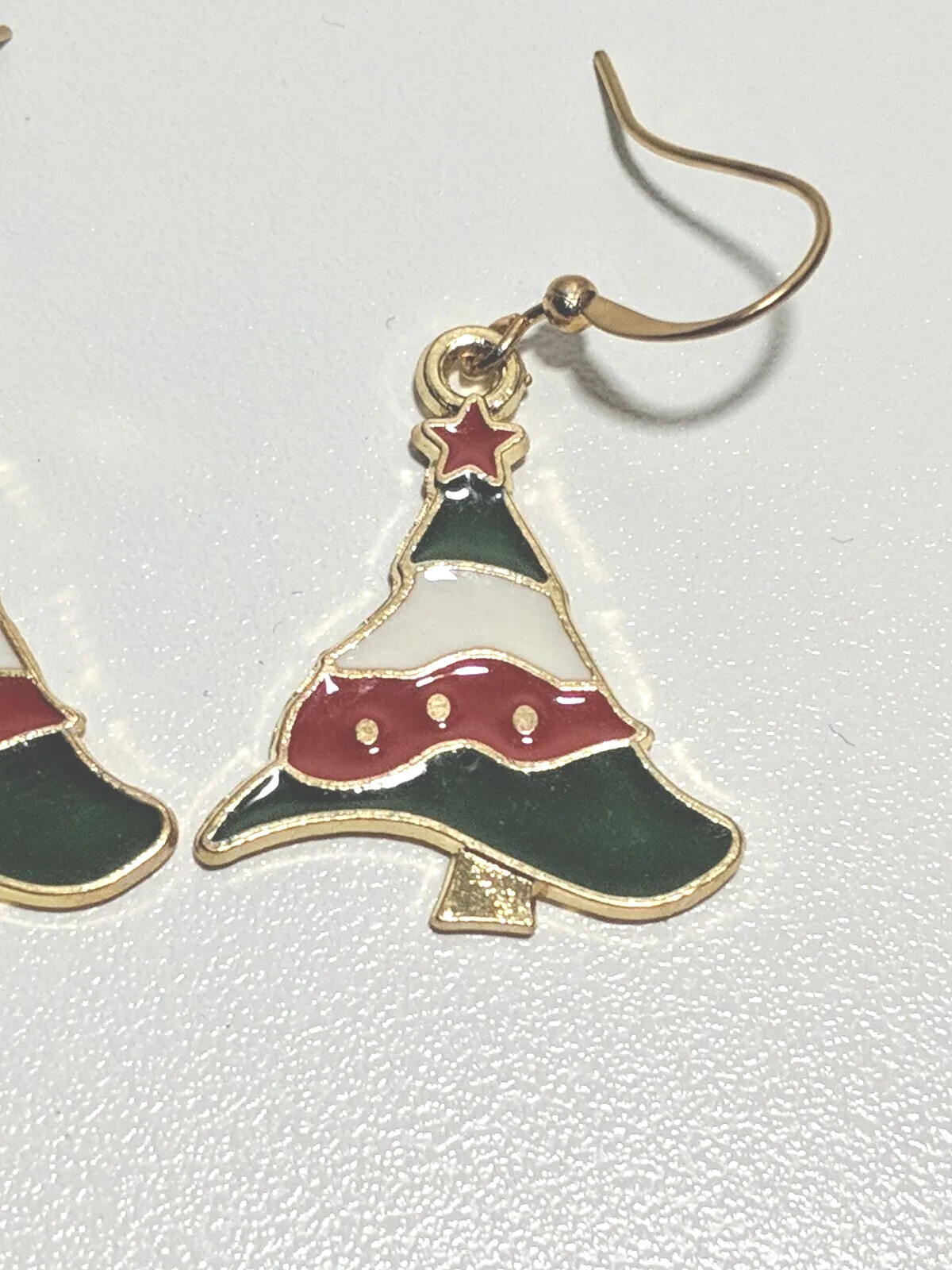 Dangle Drop Earrings Christmas Trees Green White Red Gold Filled Hooks