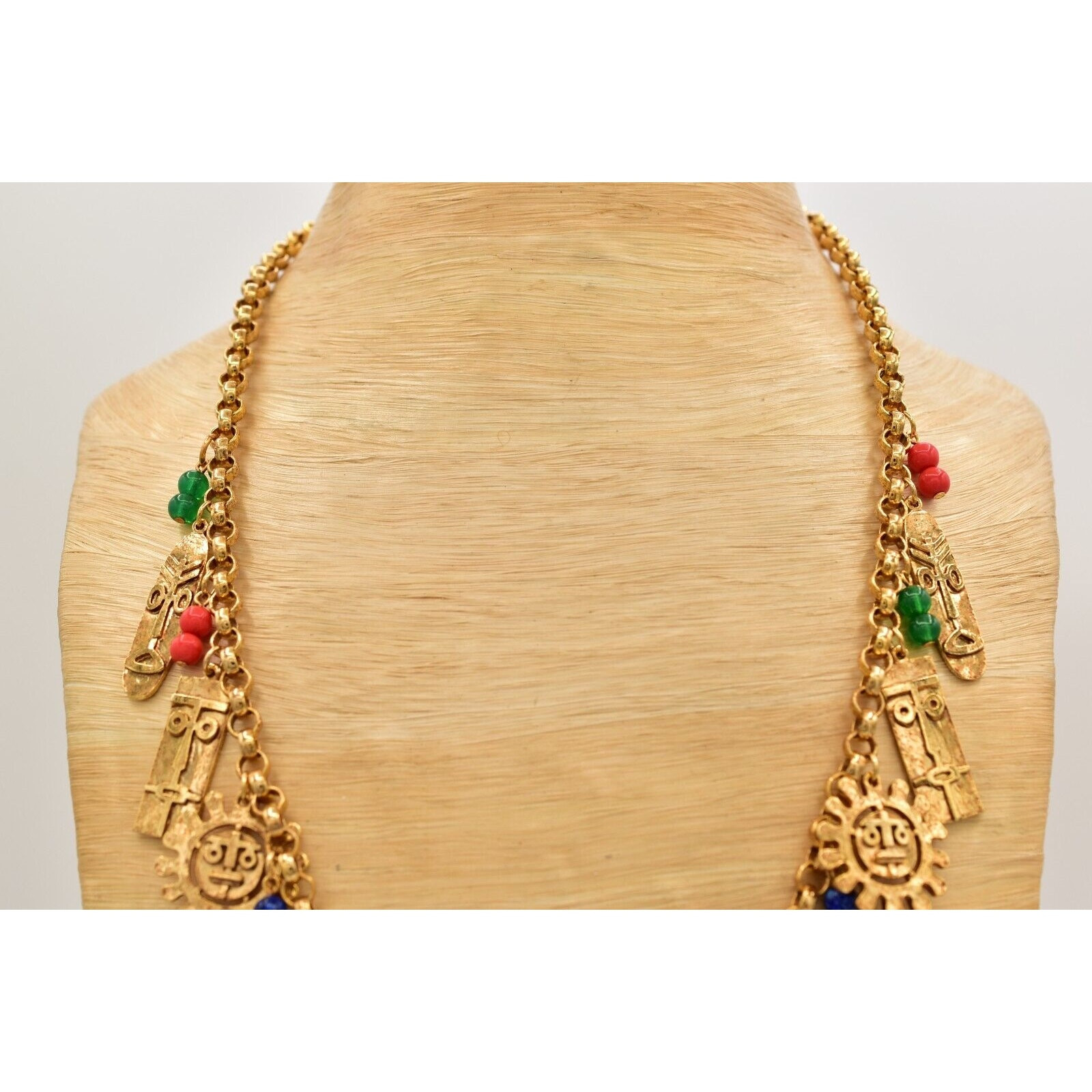 Vintage Tribal Charm Necklace Sun Tiki Mask Beaded Gold Heavy Chunky NOS BinA5