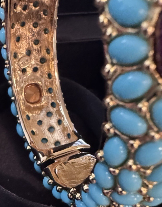 KJL Kenneth Jay Lane Gold Plated Turquoise Cabochon Hinged Bracelet 6-6.5″