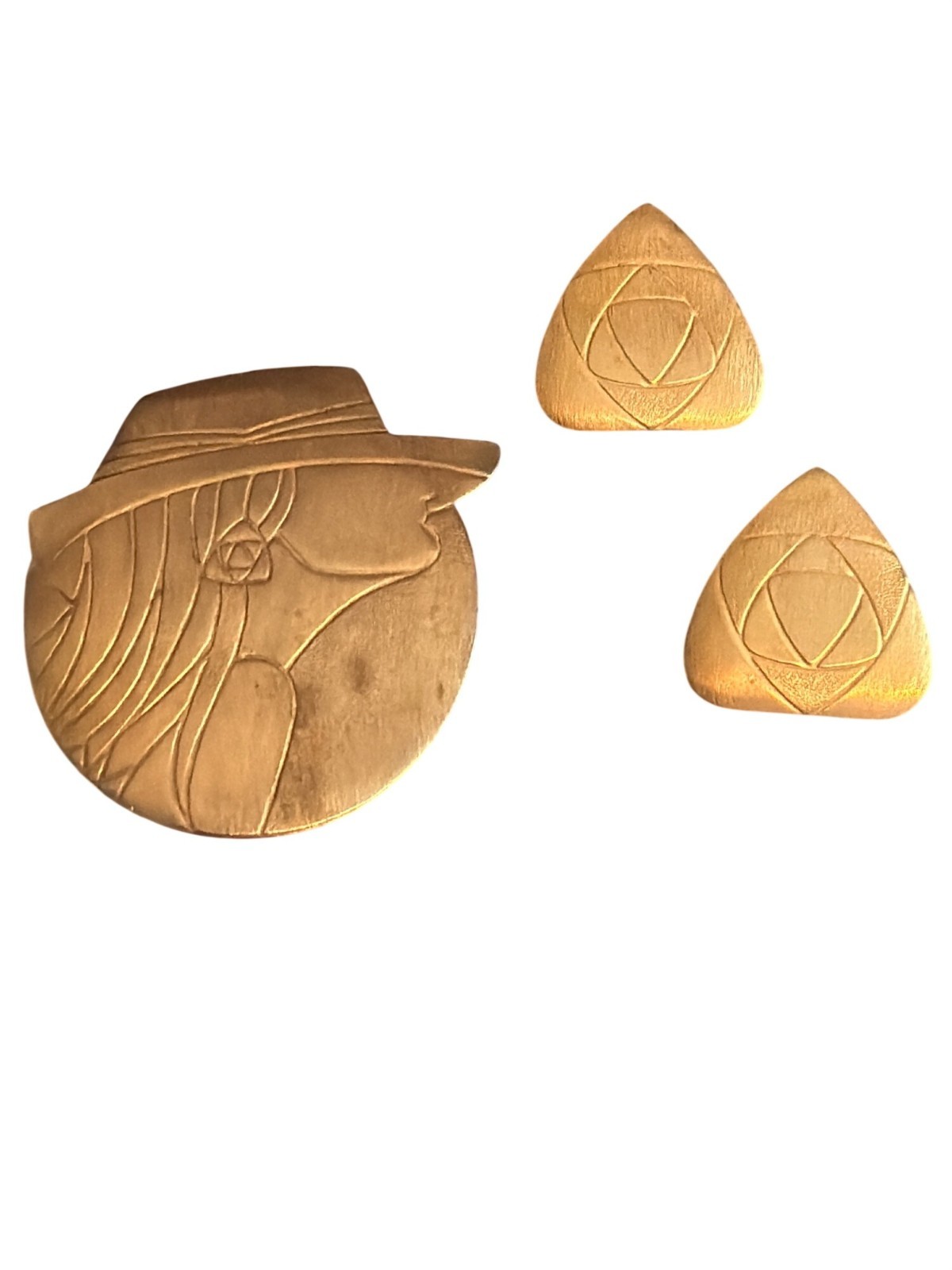 Vintage Gold Tone Art Deco Pendant Brooch Earring Set Ladies Profile Geometric