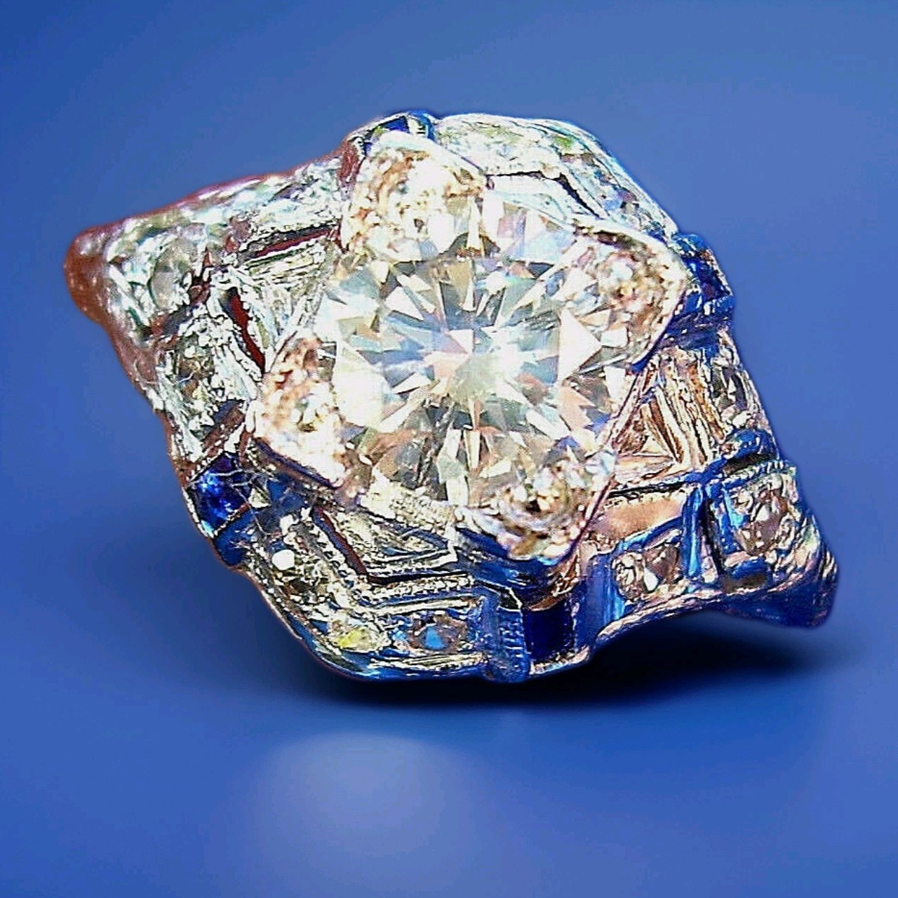 Original EARTH MINED DIAMOND Deco Engagement Ring 1 ct Vintage PLATINUM Sapphire