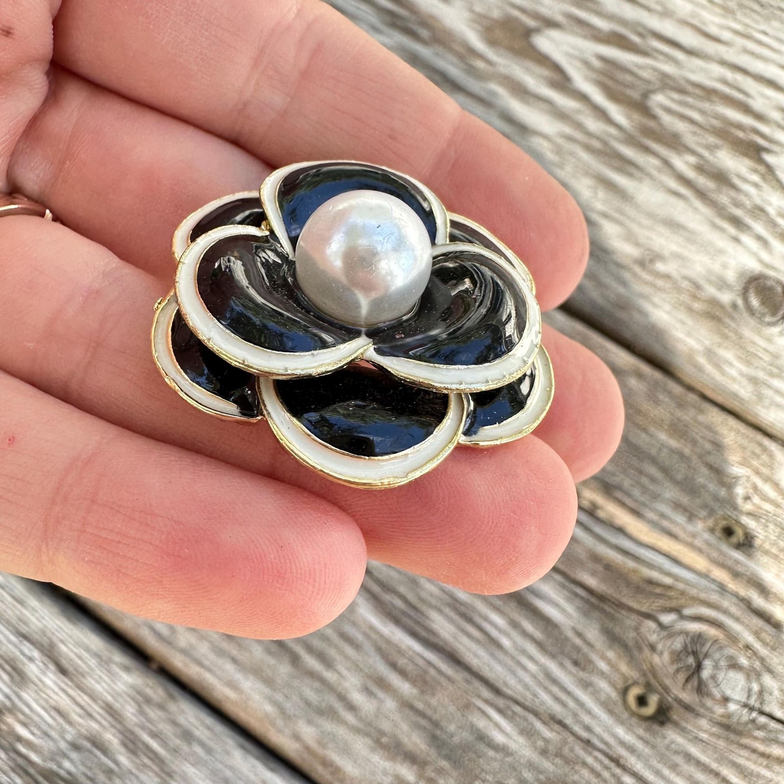 Vintage Jewelry Black Enamel Flower Brooch With Faux Pearl Pin
