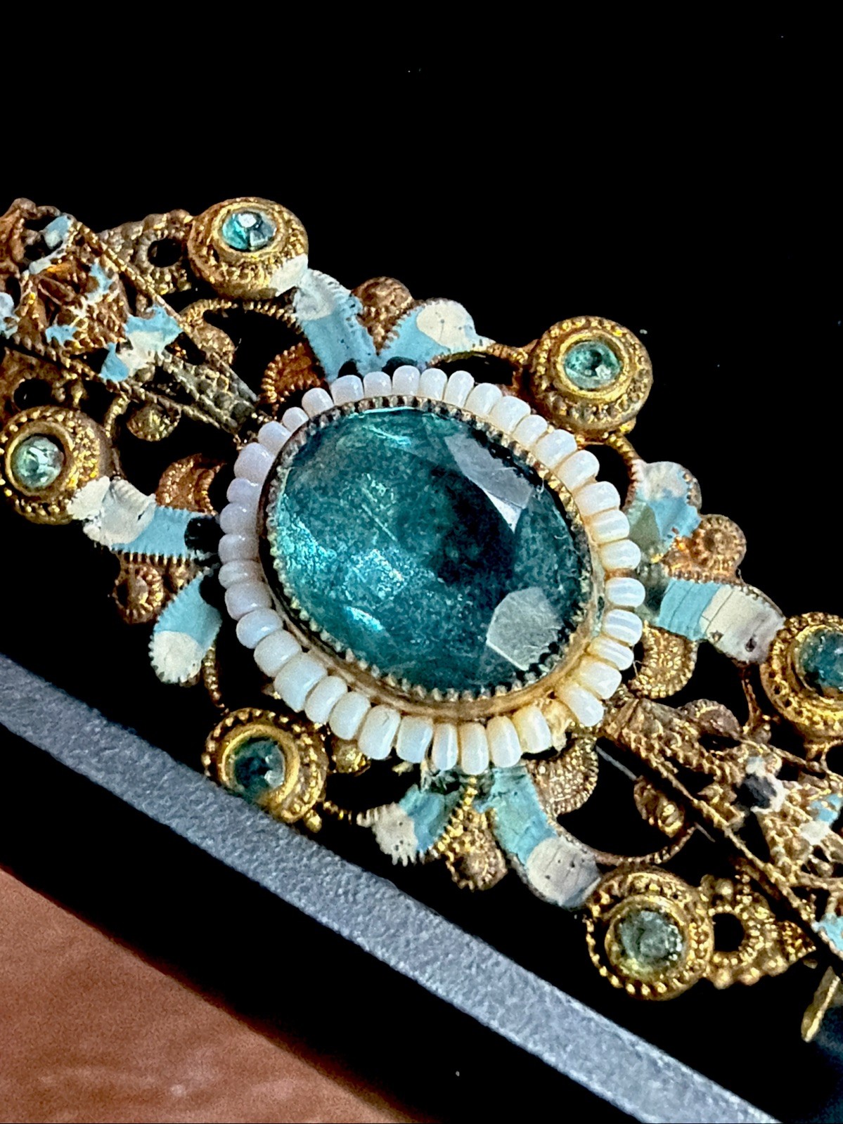 Antique Signed Czechoslov White Beads Enamel Brooch Blue Glass Stone Pin