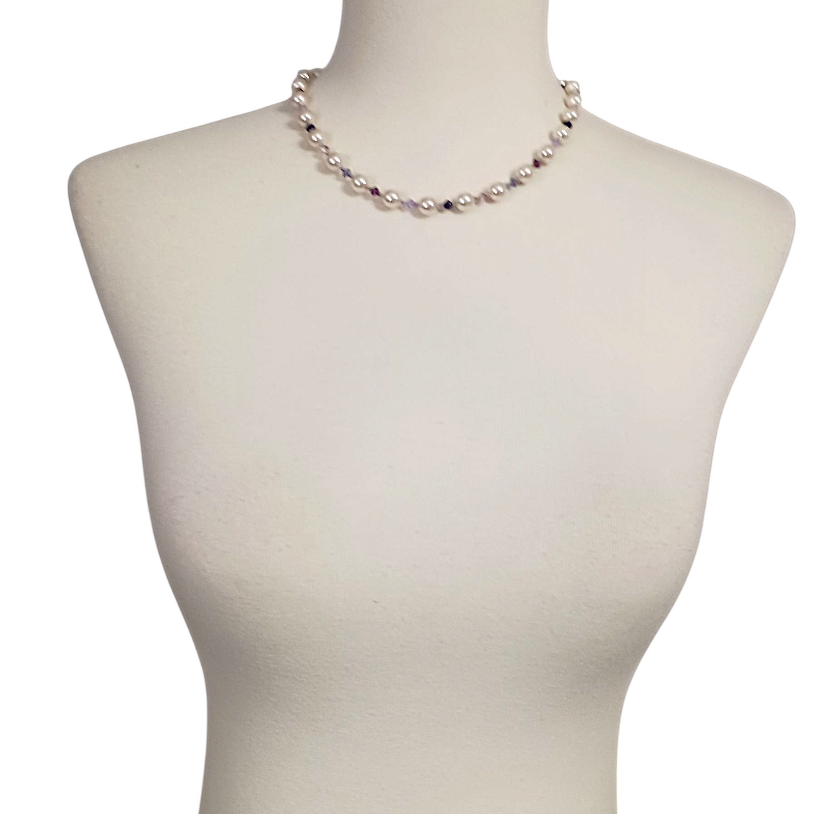 Vintage Purple Crystal Faux Pearl Necklace Beaded Hand Knotted Sterling Silver