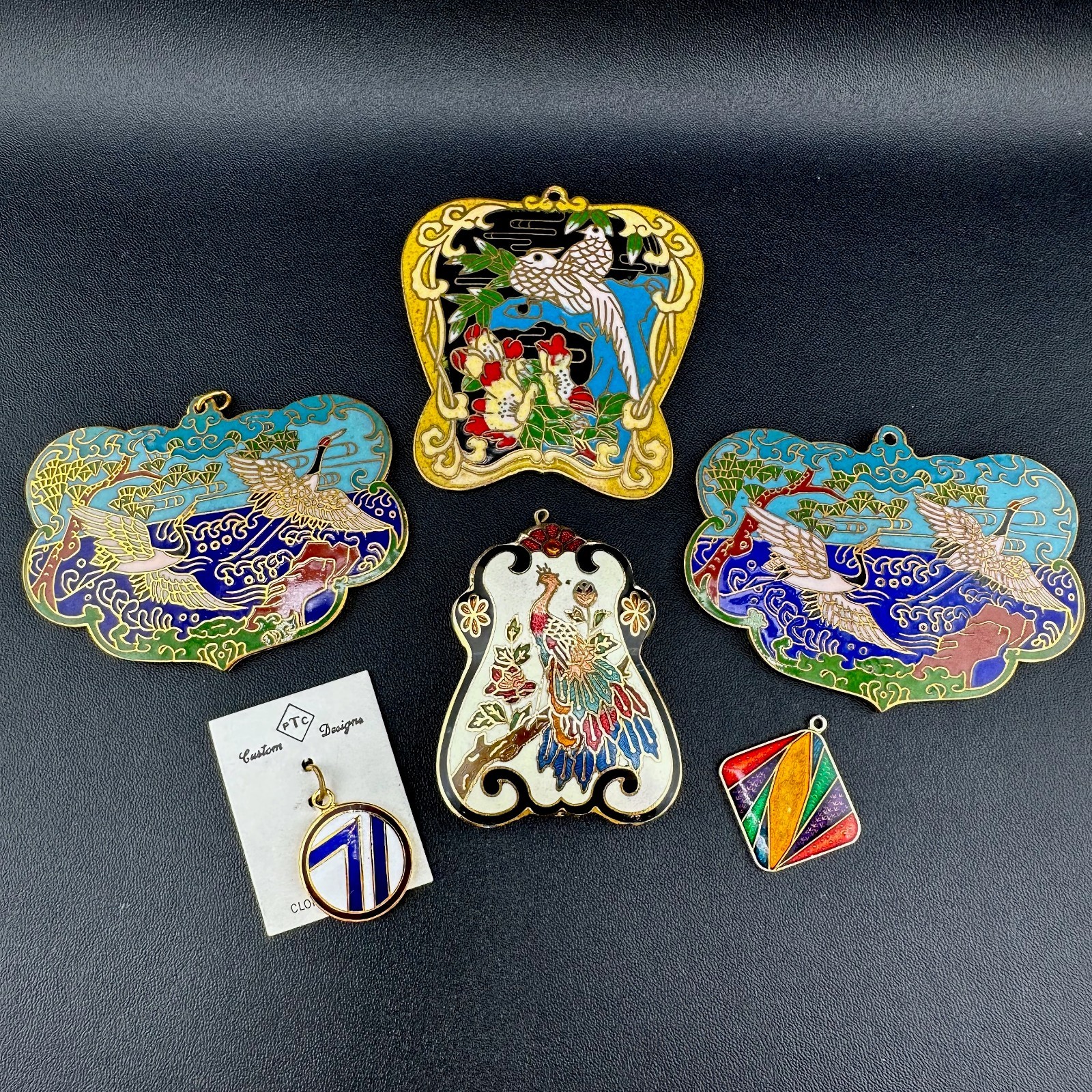 Vintage Cloisonne Enamel Pendant Lot LG Heavy Medallions Puffy Peacock WWII 71st