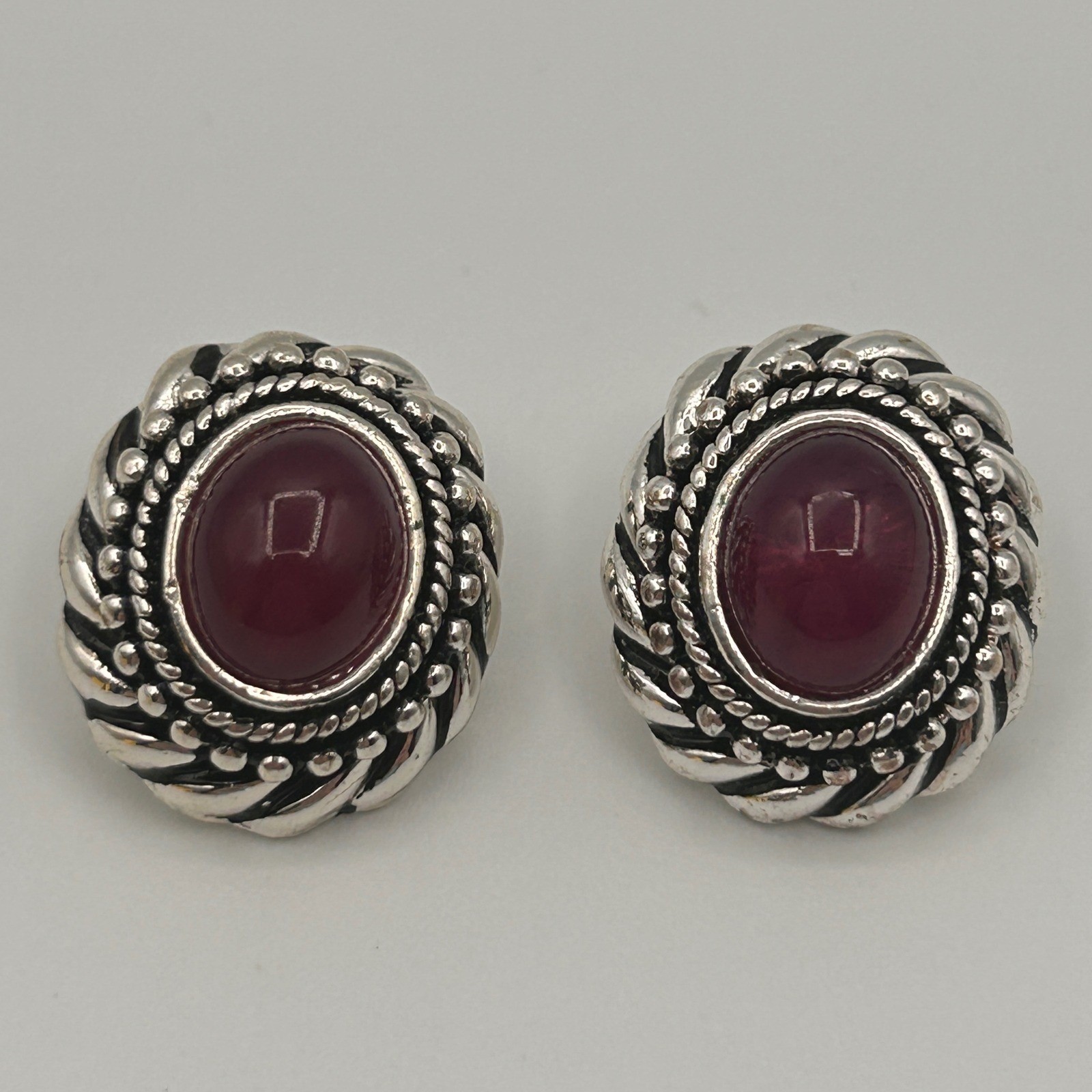 Vintage Avon Pierced Earrings Silver Tone Purple Cabochon Oval Statement .75″