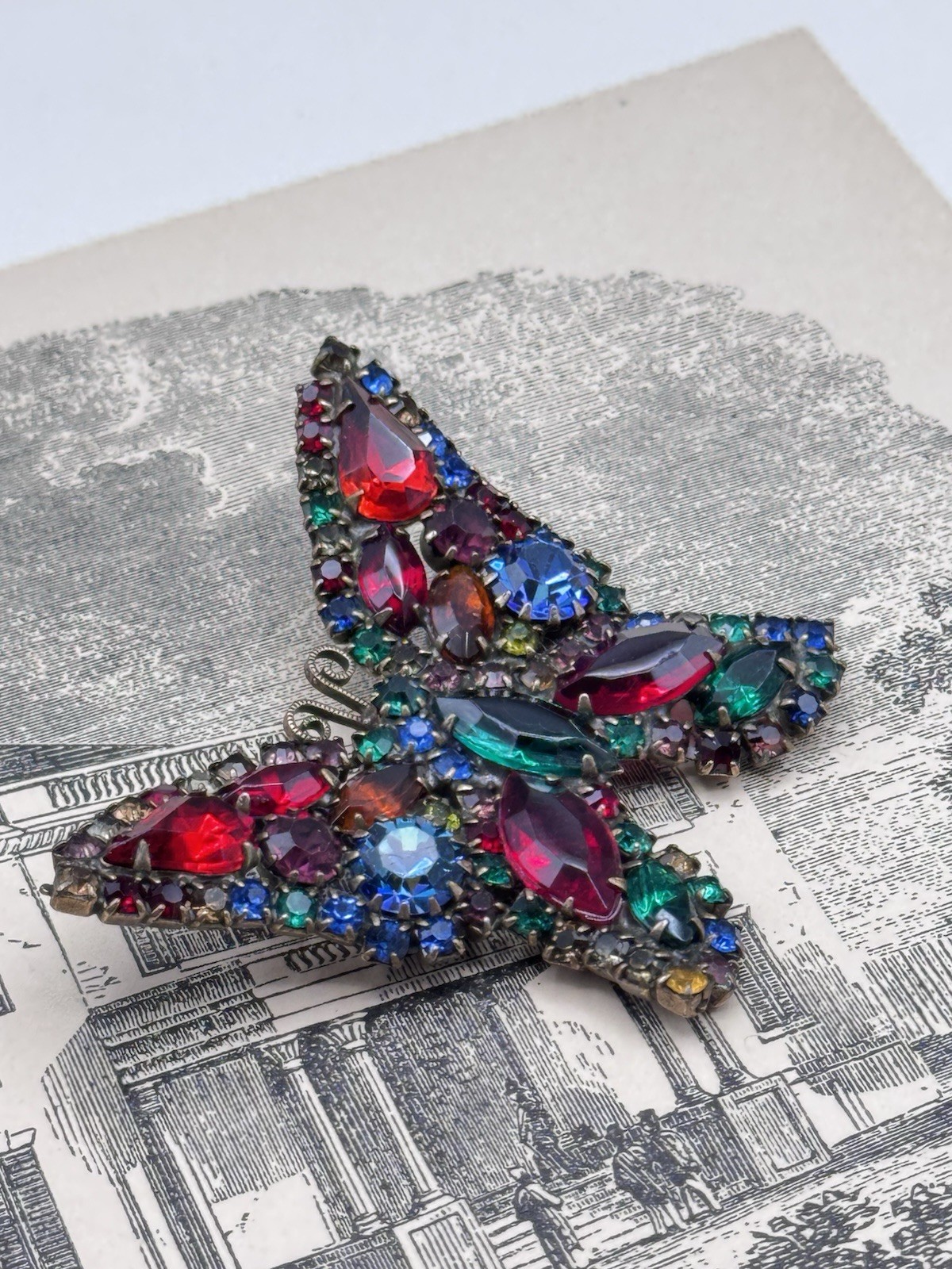 Weiss Butterfly Brooch Multicolor Rhinestone Figural Pin Signed 2.5” VINTAGE