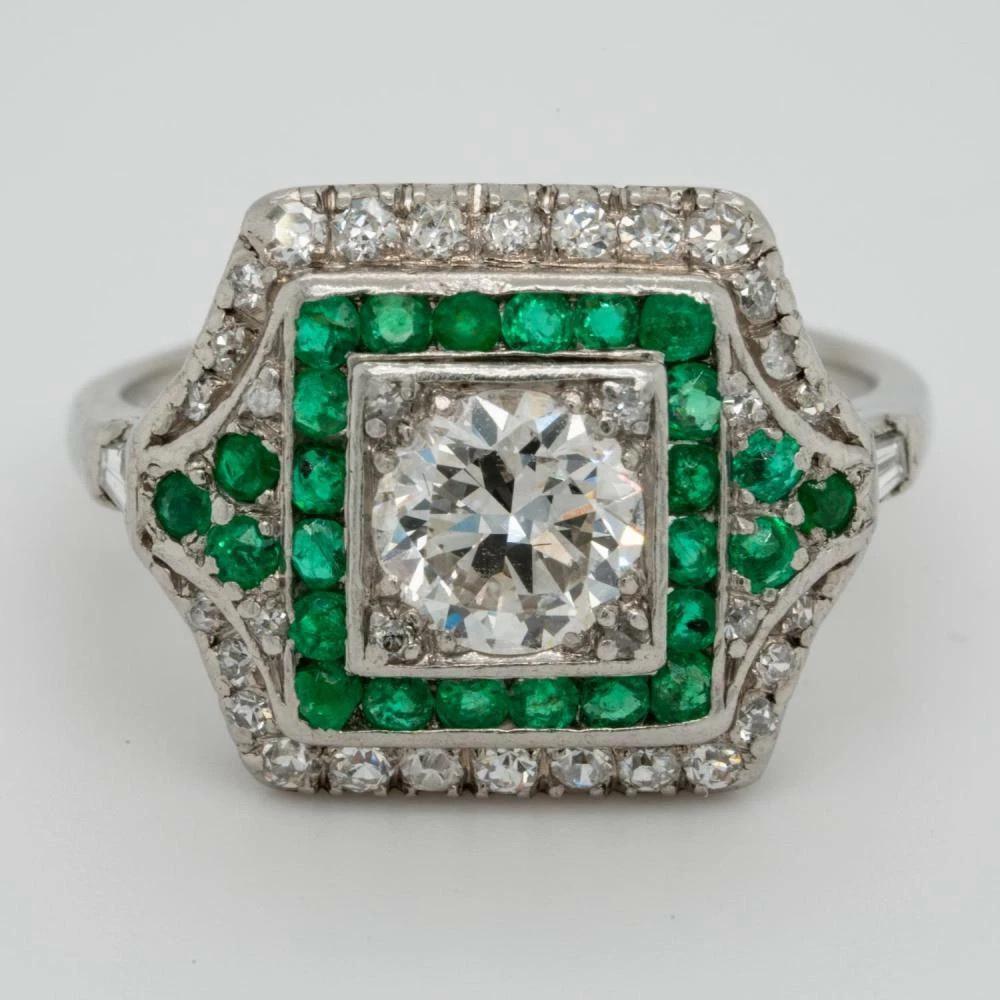 1920-1950s Classic Vintage Multi Shape CZ & Green Emerald Retro Engagement Ring