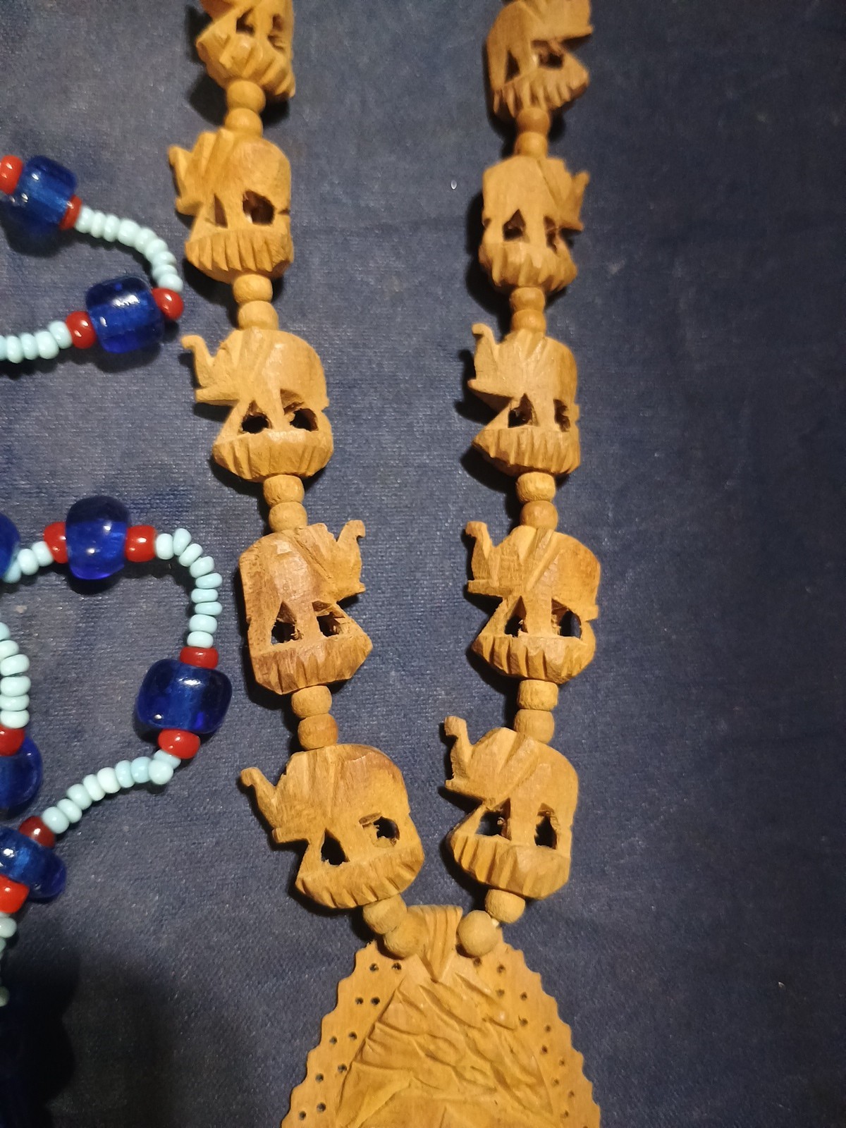 1 Vtg Carved Wooden African Elephant Necklace,Plus 3 Beaded Necklaces.
