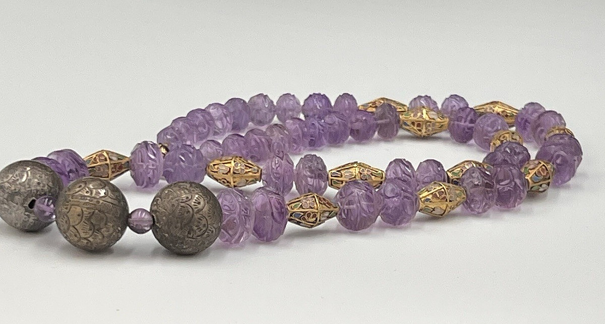 Vtg Chinese Carved Amethyst Bead & Gold Cloisonne Necklace, 168 grams, 30″ Long