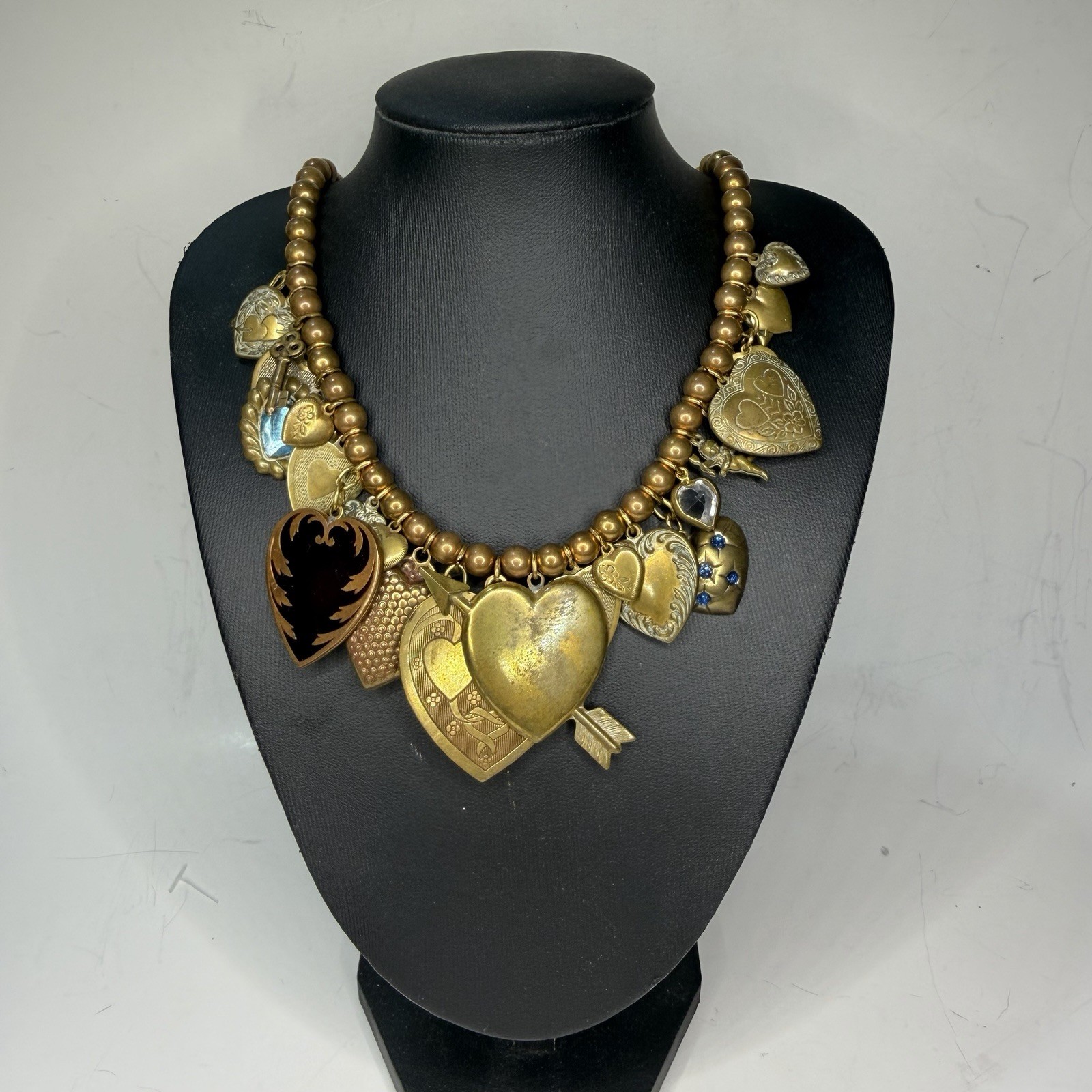Vintage Pididdly Links Brass Bead Dangling Heart Cherub Key Charm Necklace 20in