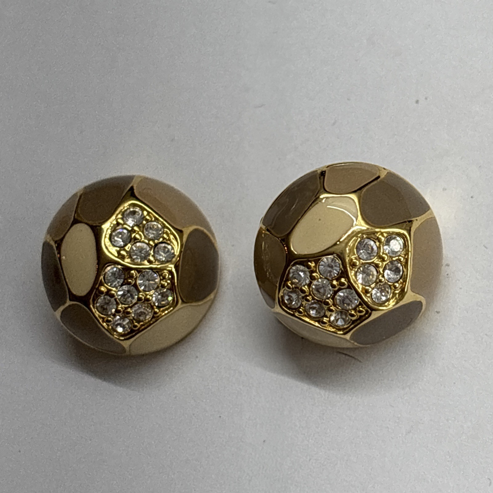 Joan Rivers Enamel Ball Stud Earrings Nude Tan Pave Crystal VTG Flat Back