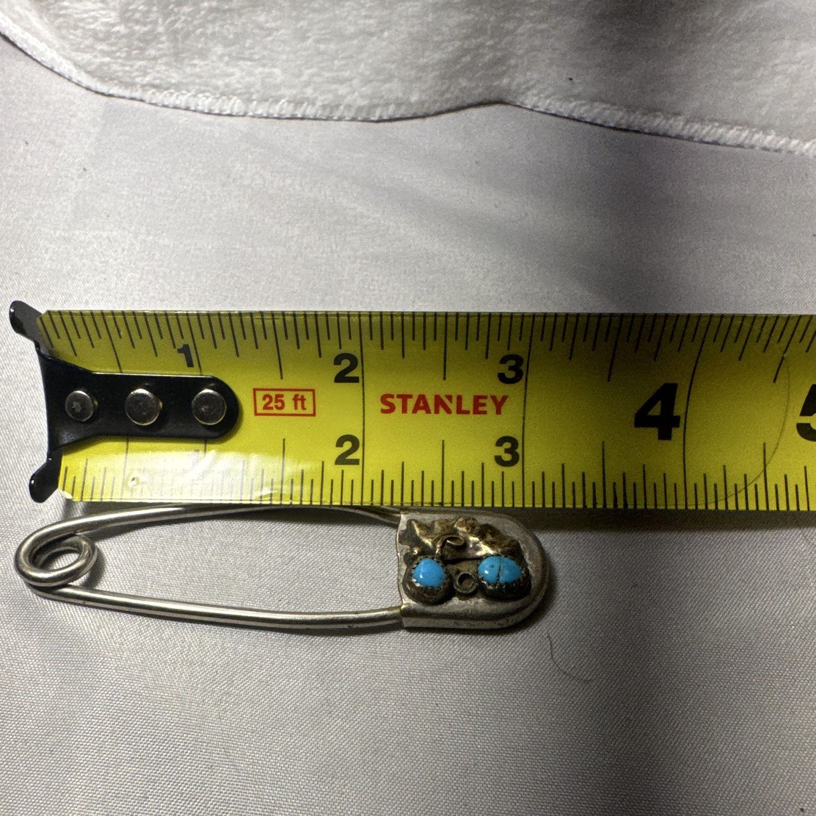 Silver Tone Safety Pin Pin w/ 2 Round Blue Stones 3.5 in Unisex Adults
