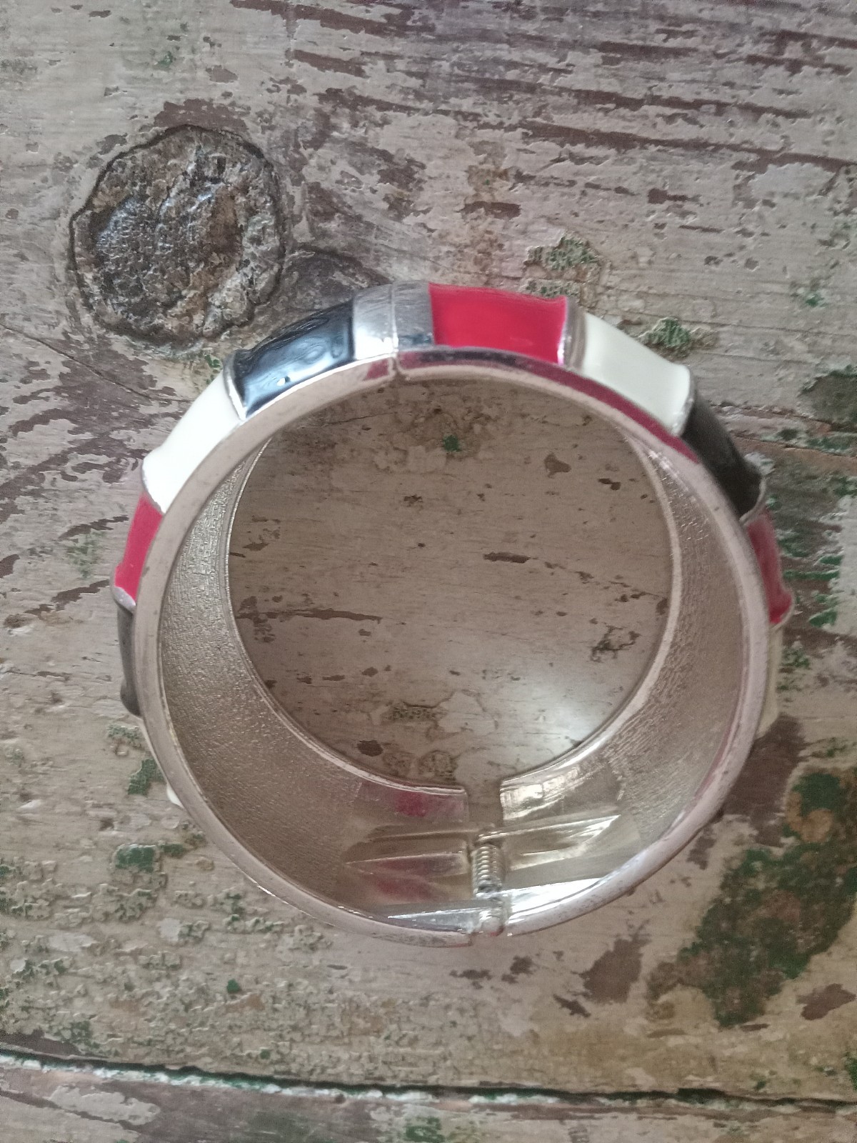 Vintage Red White & Blue Silver Tone Clamper Chunky Bracelet Spring Hinged USA