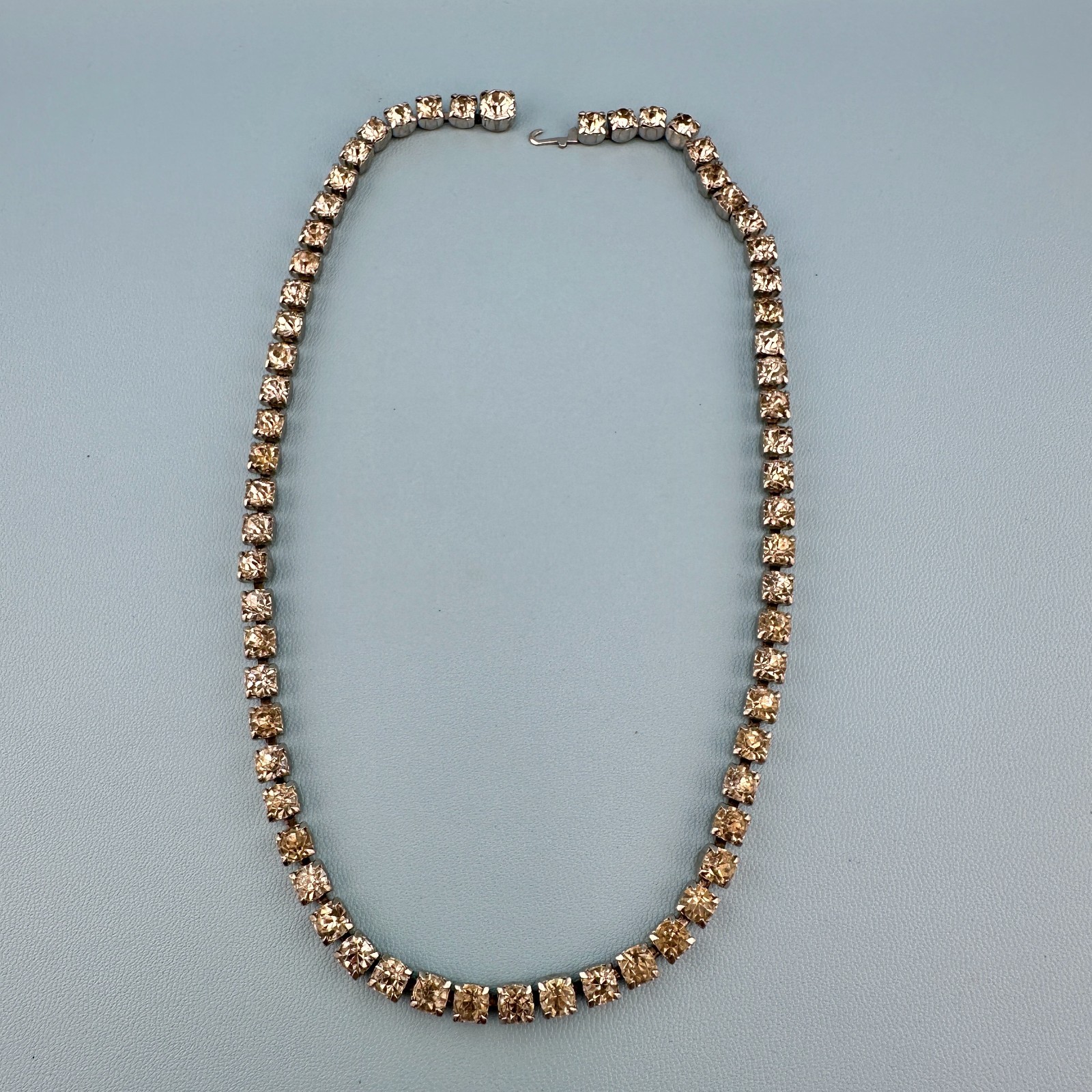 Vintage Rhinestone Choker Necklace Silver Tone Cup Chain Riviere Old Hollywood
