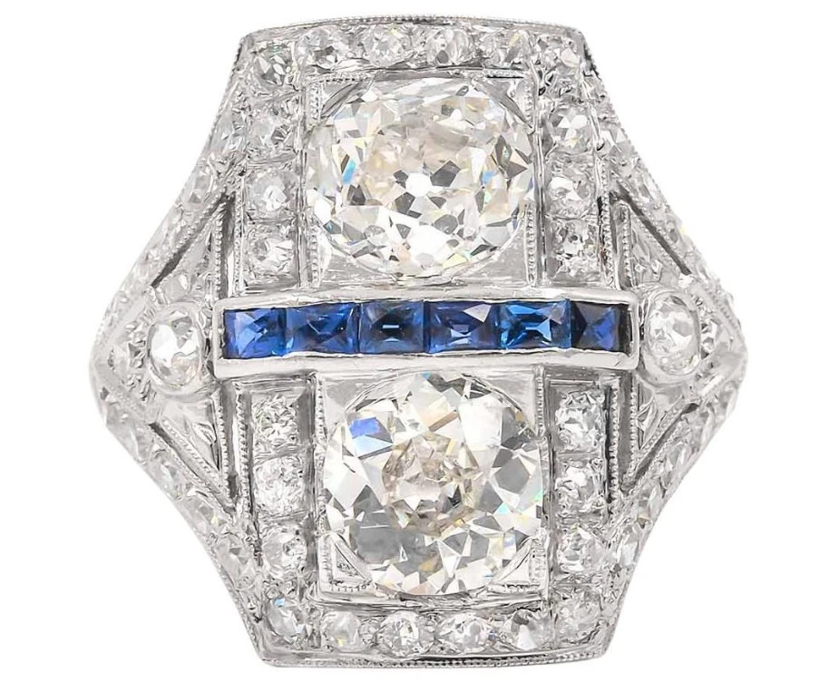 Art Deco Style 3Ct Lab Created Diamond &Sapphire Halo 14K White Gold Finish Ring