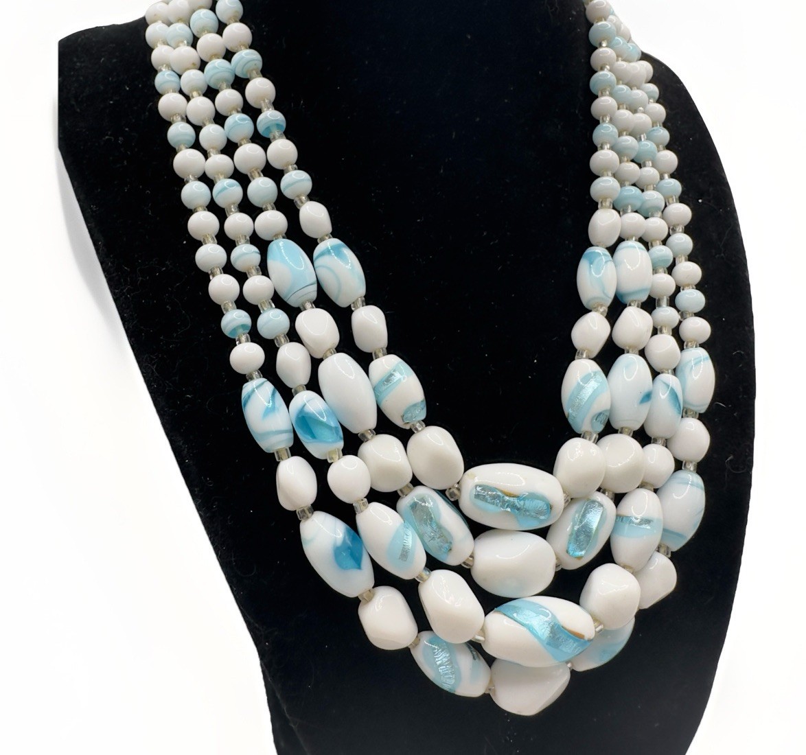 Vintage Multi 4 Strand Necklace Blue White Art Glass Beaded 17″ Choker Bib Japan