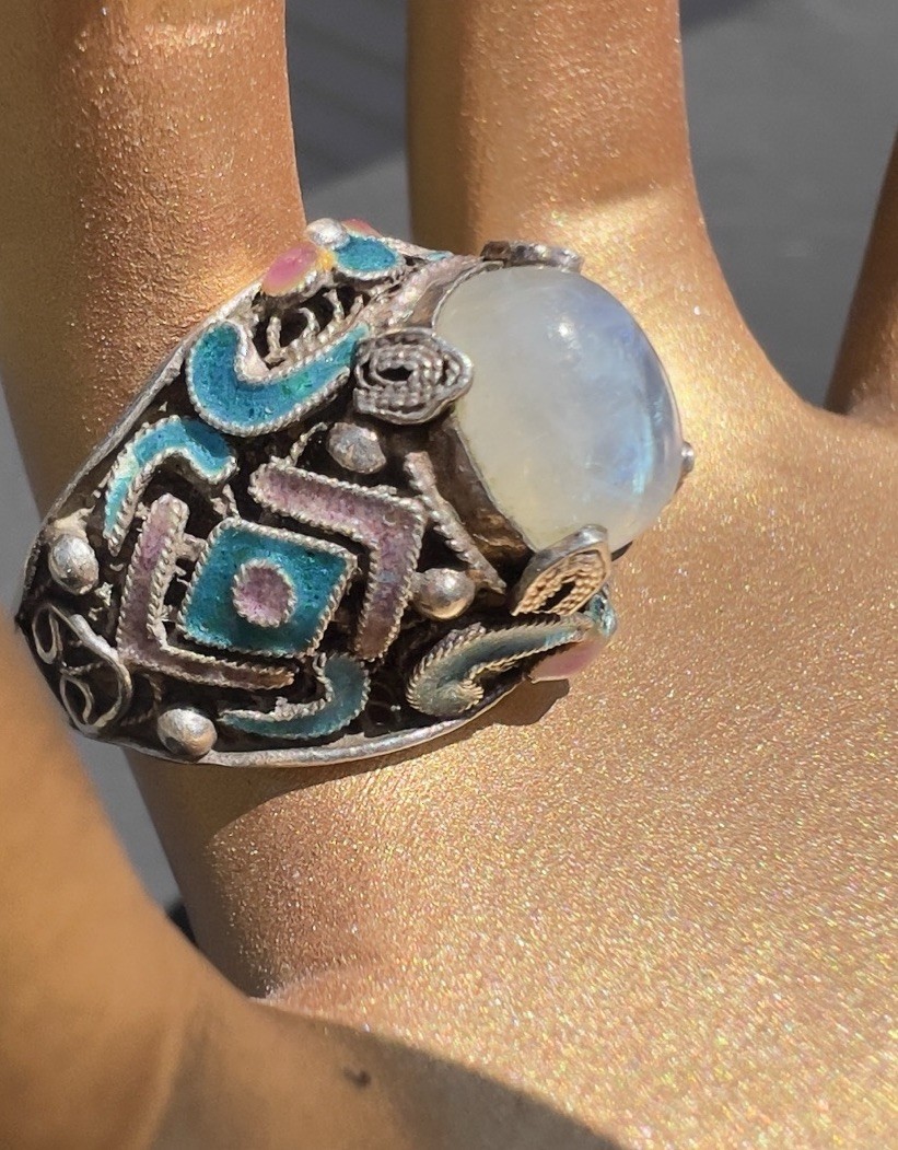 Vintage Chinese Export Sterling Silver Enamel Moonstone Ring Size 8 Marked S925