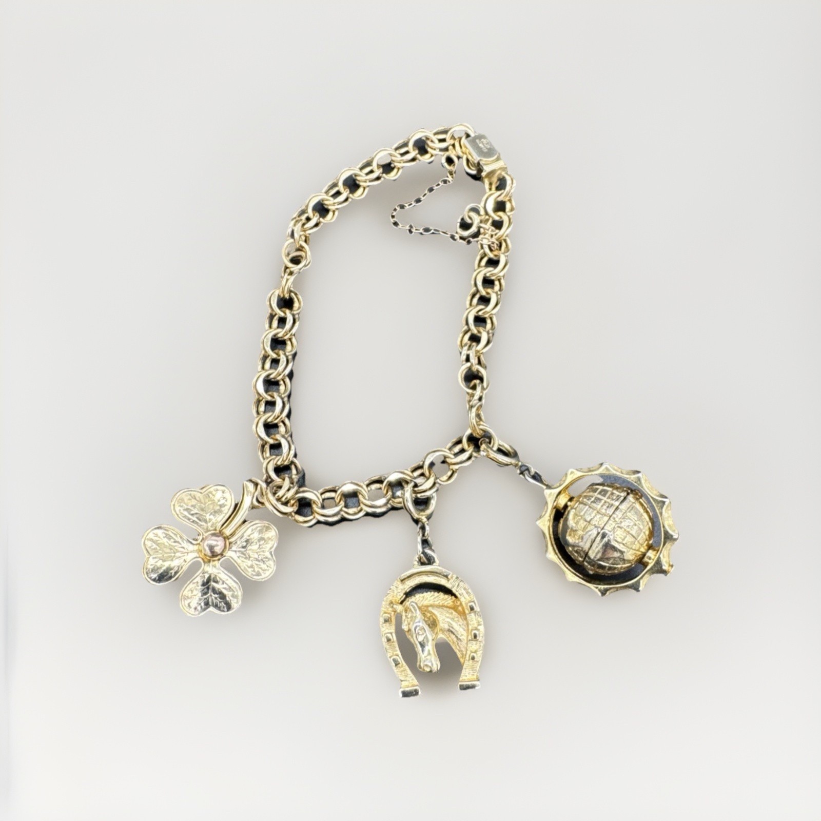 Vintage Elco 12K GF Lucky Charm Bracelet Clover Horseshoe Gold Filled 4″
