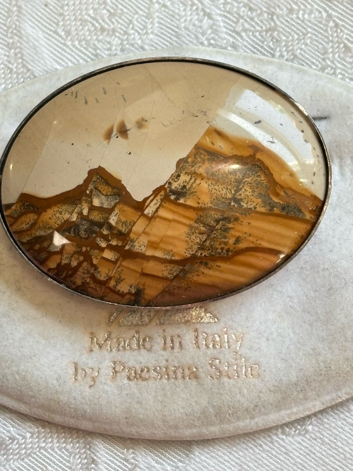 Vintage Picture Jasper Pin Landscape Brooch Tuscany Paesina Stone Italy UNUSED